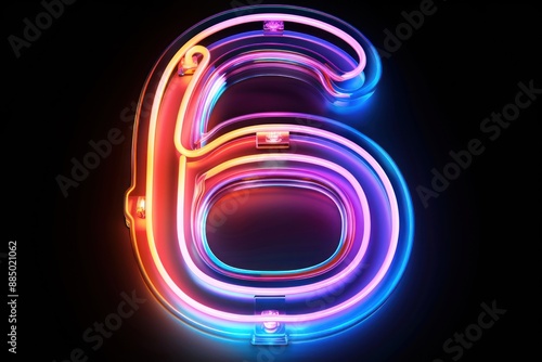 Number 6 in shape of glowing neon tubes Isolated on black background