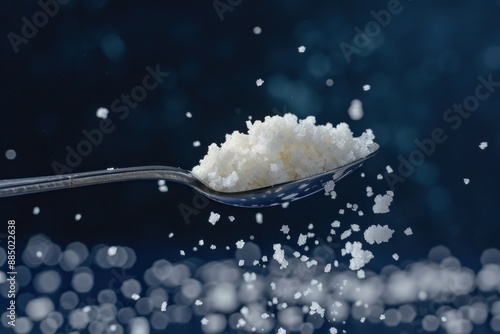 One spoonful of white sugar in the photo on a dark blue Background