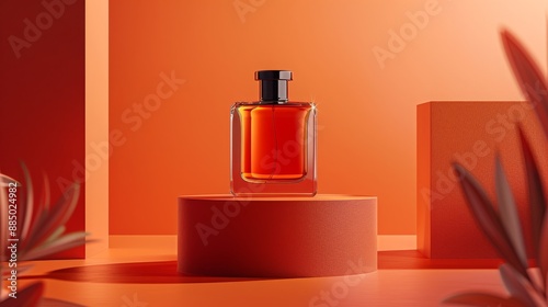 A 3D rendering of a perfume bottle on a bright orange podium. The clean lines and bold colors create a striking product image.