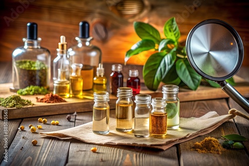 fragrance oil blending station, with jars of powders, leaves, and burnt paper on table, illuminated by magnifying glass., decanted, aromatherapy, apothecary, components
