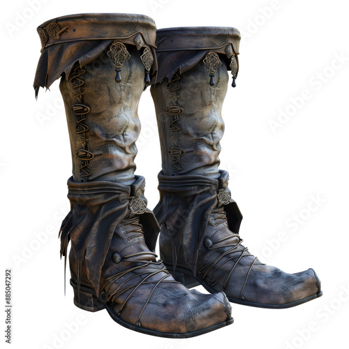 A pair of worn leather boots with buckles and straps. The boots are weathered and have a medieval look.