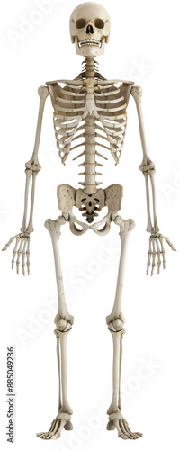 Human skeleton standing with arms at side.