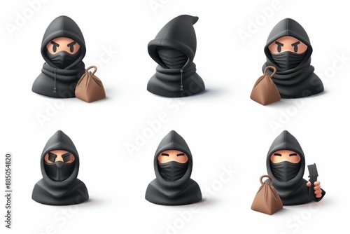 Thief icon, criminal person sign, bandit in mask, burglar silhouette, killer, gangster or robber in balaclava