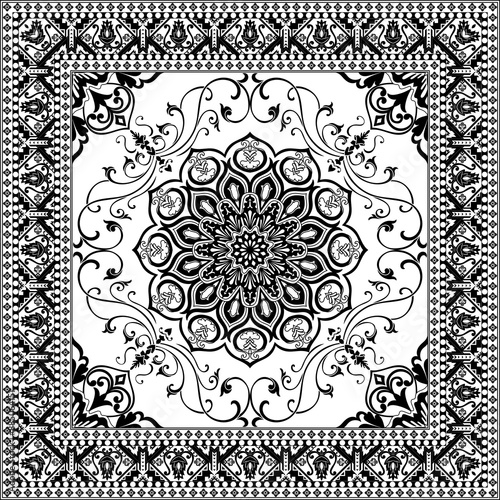 vintage scarf Black mandala surrounded by abstract frame black prayer mat pattern on white background