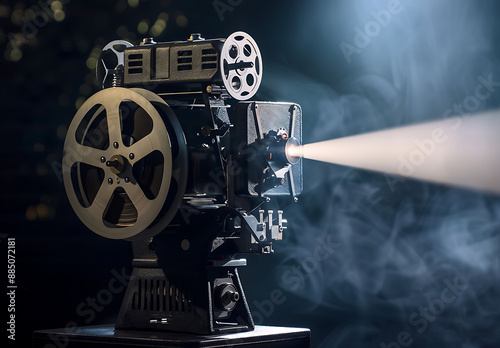 Cinematic film projector with dramatic lighting and smoke effects