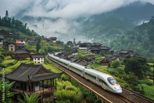 High speed train passing by countryside with rice field.