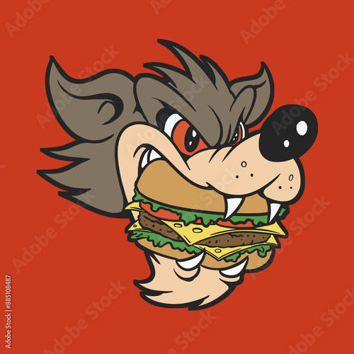 Wolf Mascot Eating a Hamburger Cartoon Vector Illustration