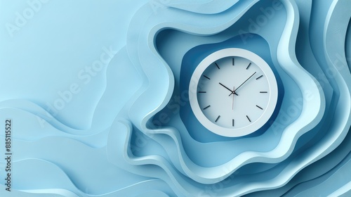 Intricate paper art of a clock embedded in layered blue waves, symbolizing the passage of time.