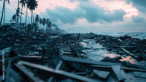 The aftermath of a tsunami with debris scattered