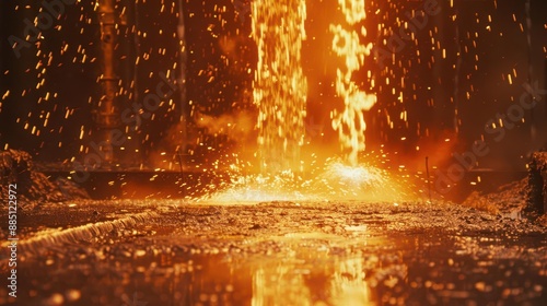 molten metal cascading from industrial crucible intense orange glow illuminating factory sparks flying heat waves distorting air powerful image of manufacturing process in action