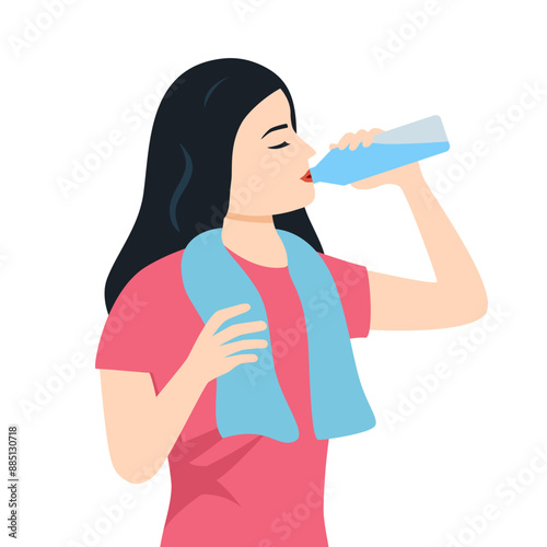 Healthy young woman drinking water from a bottle in flat design on white background.