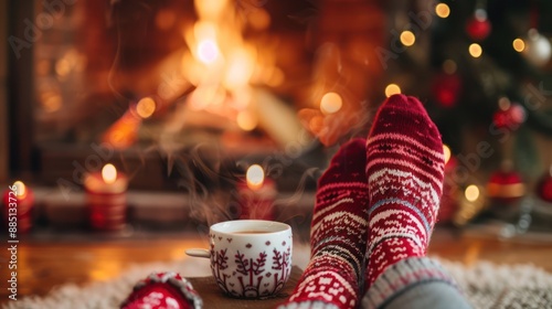 Woolen socks by the Christmas fireplace