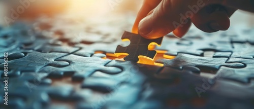 Close-up of hand placing puzzle piece, highlighting business strategy, collaborative solution concept