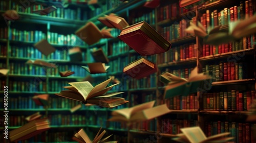 Many books float in the air amidst rows of bookshelves filled with bound volumes.