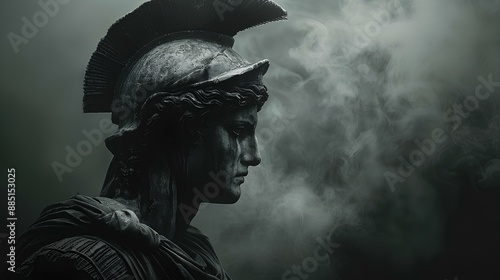 Ancient Greek statue of a roman emperor on moody background. Spartan warrior isolated on background with smoke