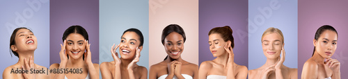 Seven women with different skin tones are smiling and looking at the camera while applying skincare products to their faces. They are each positioned in front of a different colored background.