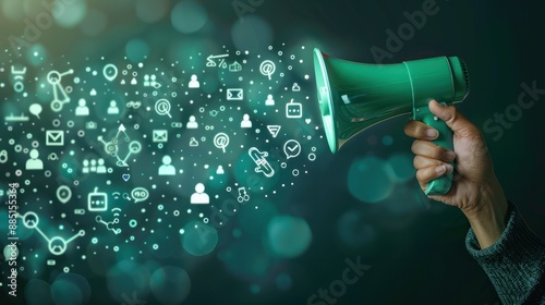 A hand holding a megaphone with glowing social media icons and people symbols on a dark green background, concept of marketing or advertising a social network service.