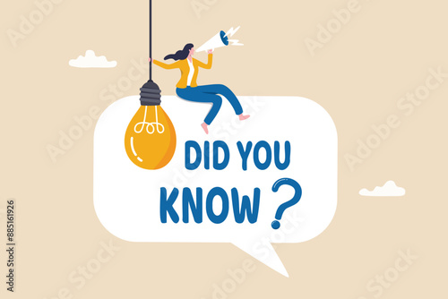 Did you know, fun fact, idea or advice message, useful knowledge or wisdom, expert information, explanation or solution, useful tips concept, woman talk on megaphone on did you know speech bubble.