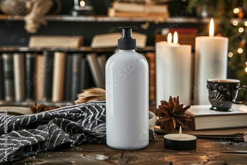 A mockup of an all white shampoo bottle with a bla 016 candle, spa, flame, light, beauty, flower, decoration, christmas, aroma, candles, aromatherapy, fire, wax, relaxation, care, health, relax, mass