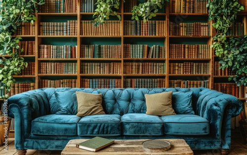 A blue velvet sofa sits in front of a large bookshelf filled with books