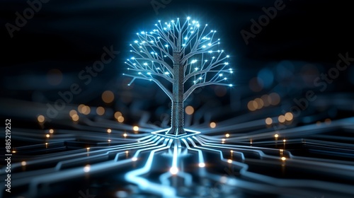 Abstract design of a digital tree with circuit patterns, symbolizing growth, sustainability, and technological evolution in business. Illustration, Image, , Minimalism,