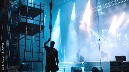 Backstage view of stage setup with crew member adjusting equipment, scaffolding, and atmospheric lighting effects.