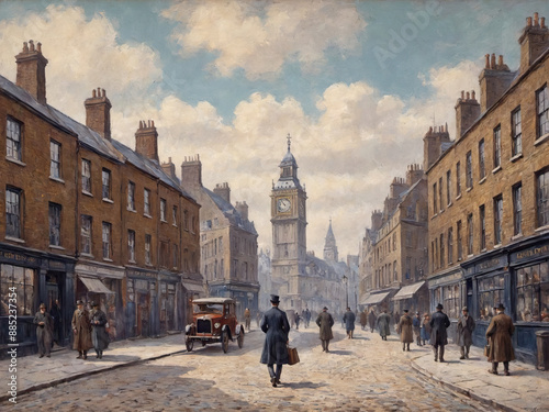 Oil painting of a man walking down a 19th-century London street, Generative AI