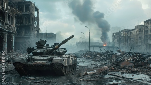 A battle-worn tank in an urban warzone, with buildings in ruins and smoke rising in the background