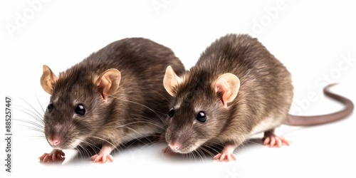 Two rats are standing next to each other on a white background. Concept of companionship and familiarity between the two rodents