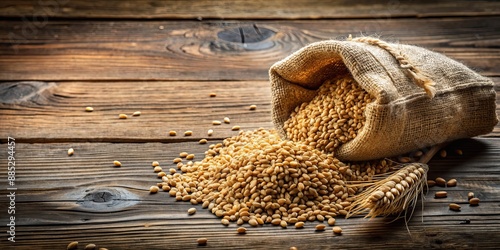 Burlap sack of wheat grains spilling on rustic wooden surface, wheat, grains, burlap sack, spill, rustic, wooden, surface