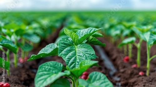Close-up of young green crops growing in a farm field, with rows of plants and a blurred sky background, showcasing healthy agricultural growth.