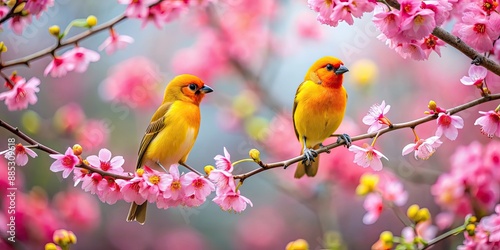 Yellow and red birds perched on a blooming spring tree branch filled with pink flowers, birds, yellow, red, spring