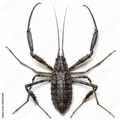 A whip scorpion with long pincers and robust body, isolated white background, gothic art style