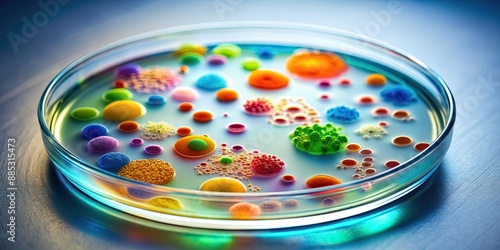 Multicolored microscopic bacteria multiplying and spreading in a petri dish , bacteria, microscopic