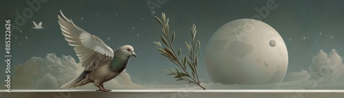 A dove with an olive branch, a full moon, and clouds.