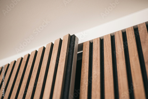 Close-up of acoustic wooden wall panel door