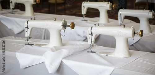 a row of white sewing machines on a table in a room