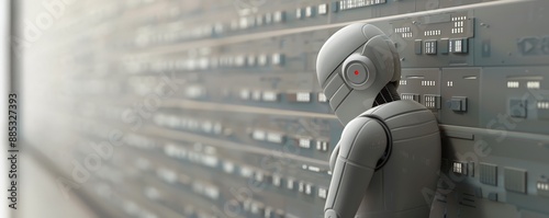 A robotic figure stands against a wall of buttons.