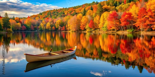 Tranquil autumn scene with a canoe on a serene lake amidst vibrant foliage, autumn, calm, serene, lake, canoe, vibrant