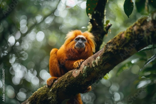This endangered Golden lion tamarin (Leontopithecus rosalia) is pictured on a tree in Silva Jardim, Rio de Janeiro state, Brazil, one of the few remaining patches of Atlantic rainforest where they