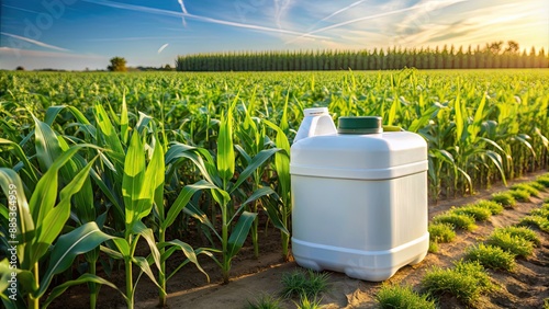 Closeup of herbicide container amidst a lush corn maize crop field, herbicide, container, corn, maize, crop, field