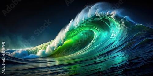 Climbing Wave with green and blue waves on a dark background, ocean, water, abstract, nature, vibrant, colorful, movement