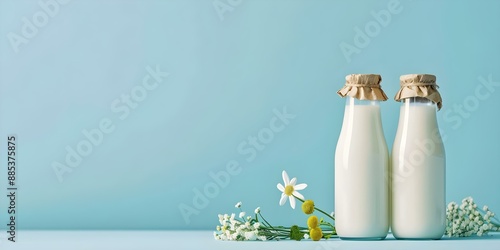 Plantbased milk bottles with ingredients on blue background lactos. Concept Plantbased Milk, Bottles, Ingredients, Blue Background, Lactose-Free