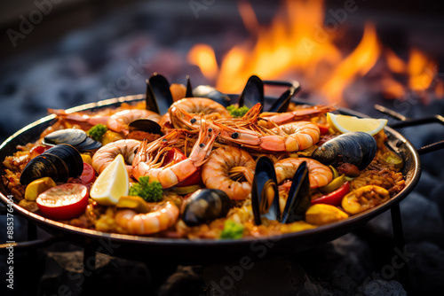 a plate of seafood on a fire