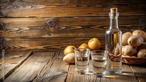 Potato vodka bottle and glasses on a wooden table, potato vodka, alcoholic drink, beverage, distillery