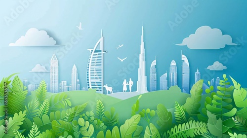 Paper cut illustration of a family exploring the Global Village with pavilions representing different countries emphasizing Dubai diverse cultural offerings Stock Photo with copy space