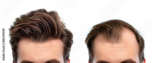 front view closeup of man's head before and after comparison result of hair loss procedure treatment transplant, bald falling thinning problem to re-growth thicker healthy hair, trichologist concept