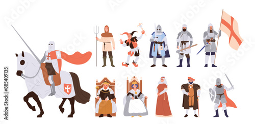 Medieval people cartoon king, queen, knight, courtiers, nun, jester characters isolated set
