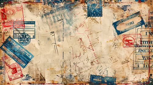 Grunge background with vintage postal stamps and postmarks, isolated elements