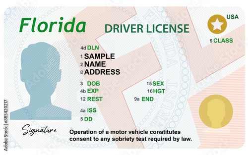 Florida driver's license isolated on white background. Person driver license